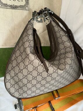 Gucci Beige GG Canvas Shoulder Bag with Orange and Green Striped Strap